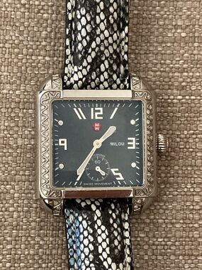 Michele Milou Diamond  Watch with Black and White Patterned Strap